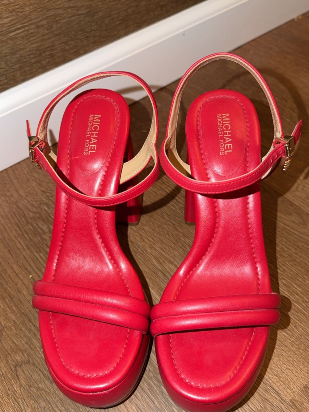 Michael Kors Red Leather Block Heel Sandals with Ankle Strap